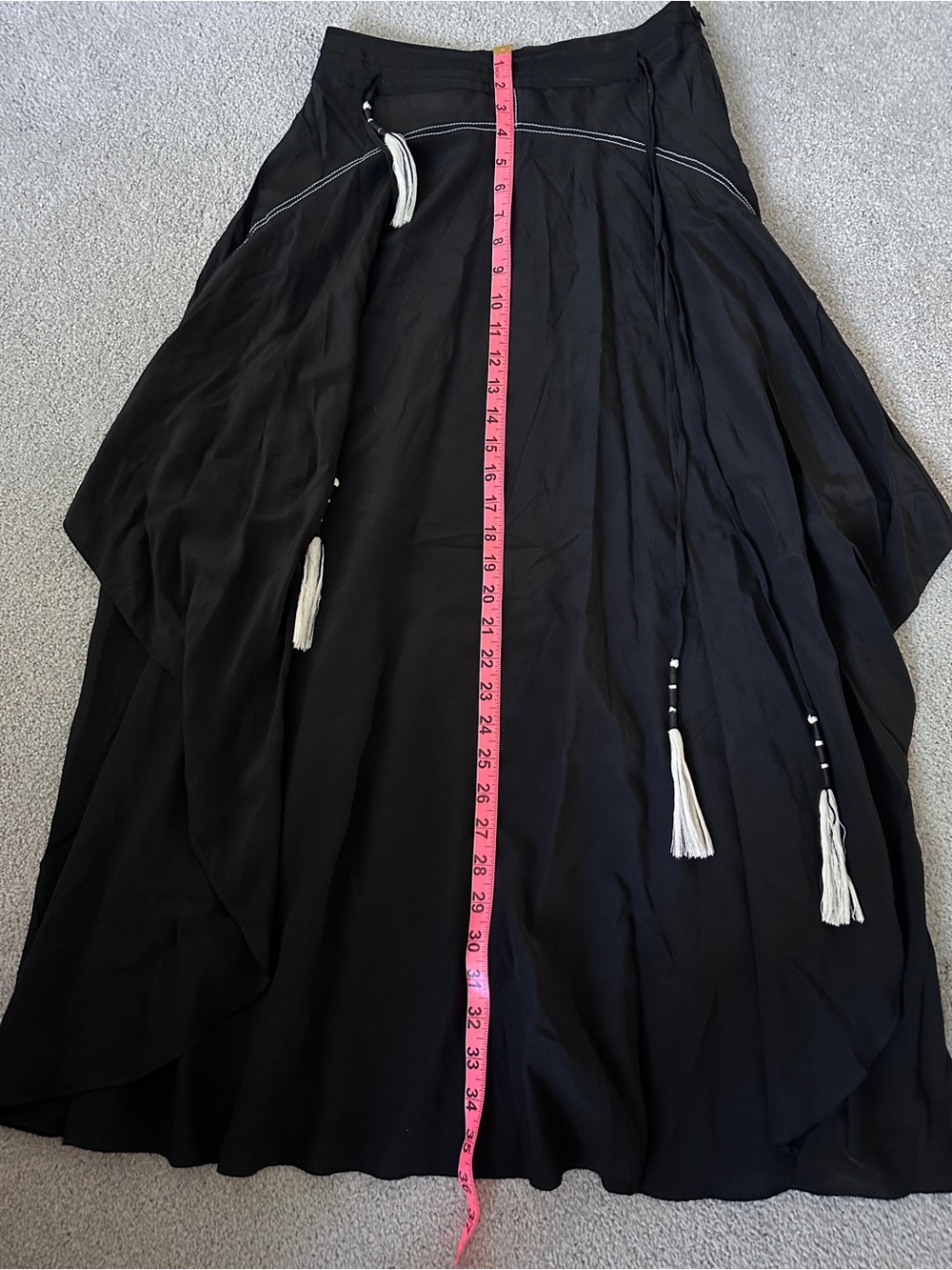 100% Silk Designer Black Asymmetric Midi Skirt W Adjustable Tassels Lined Size M - Picture 11 of 14
